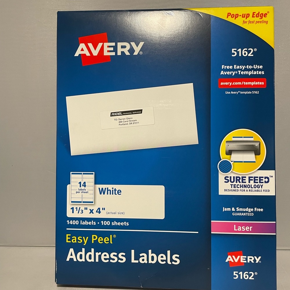 Every Easy Peel Mailing Address Labels Laser 1 1/3 x 4 White 1400/Box 5162